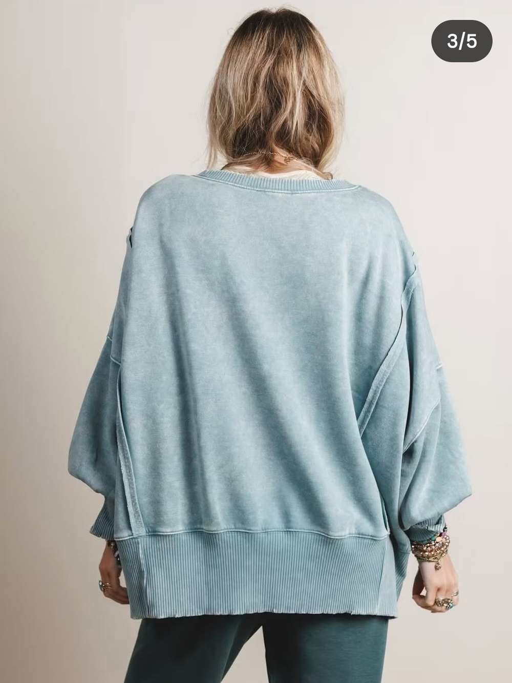 Washed Blue Women's Crewneck Distressed Sweater Puffy Sleeves - Picture 3 of 10